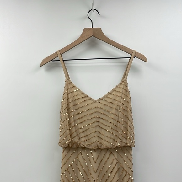 BHLDN Adrianna Papell Sequin Beaded Blouson Gown Maxi Dress Cocktail Party Tan 2 - Picture 3 of 8